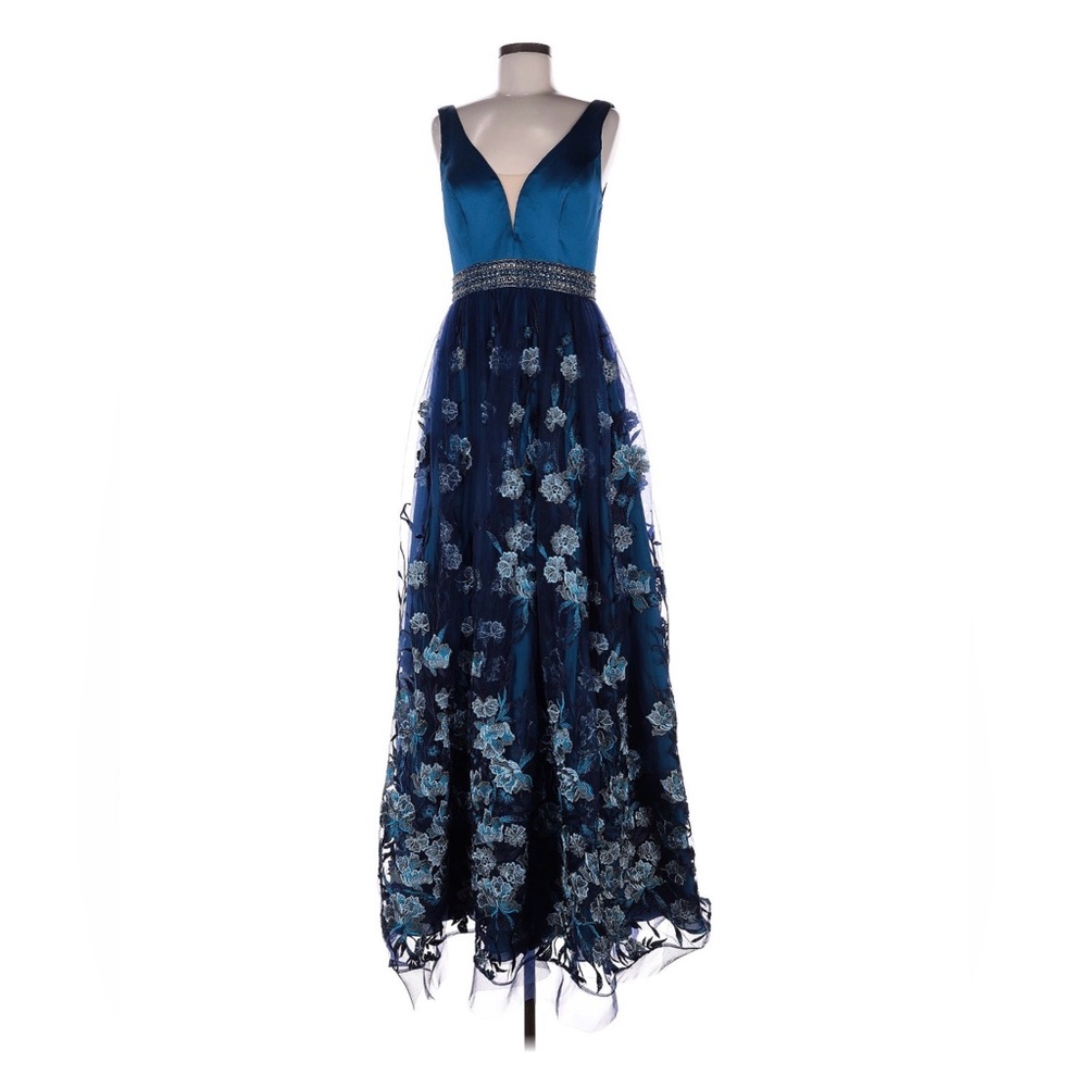Basic Black Label Deep Blue Embroidered V-Neck Maxi Gown